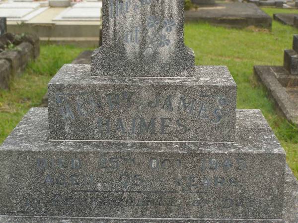 Henry James HAIMES,  | died 25 Oct 1945 aged 75 years;  | Christine Rose HAIMES,  | wife,  | died 17 Sept 1951 aged 69 years;  | Murwillumbah Catholic Cemetery, New South Wales  | 