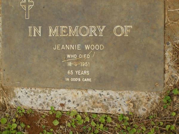 Jeannie WOOD,  | died 18-5-1951 aged 65 years;  | Murwillumbah Catholic Cemetery, New South Wales  | 