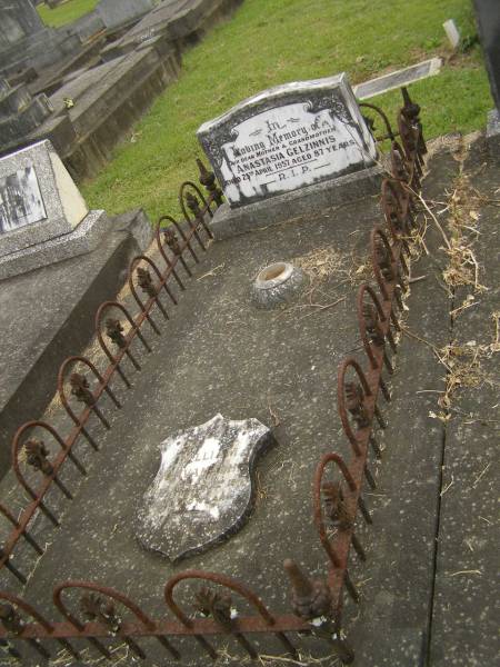 Anastasia GELZINNIS,  | mother grandmother,  | died 25 April 1957 aged 87 years;  | William CAVANAGH,  | died 22 April 1911 aged 75 years;  | Murwillumbah Catholic Cemetery, New South Wales  | 