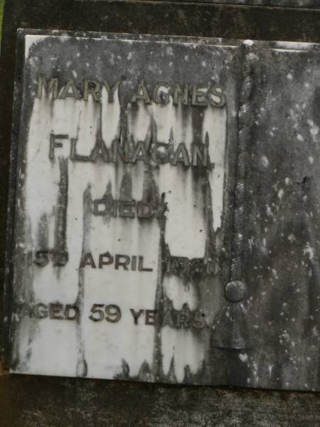 Mary Agnes FLANAGAN,  | died 15 April 1950 aged 59 years;  | Murwillumbah Catholic Cemetery, New South Wales  | 