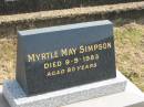 
Myrtle May SIMPSON,
died 9-9-1983 aged 80 years;
Murwillumbah Catholic Cemetery, New South Wales
