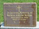 
Micheal Vincent MODINI,
died 20 Feb 1966 aged 17 years;
Murwillumbah Catholic Cemetery, New South Wales
