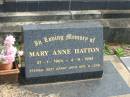 Mary Anne HATTON, 27-1-1904 - 4-9-1994; Murwillumbah Catholic Cemetery, New South Wales 
