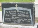 Emily May SCHMIDT, mother, died 9 Dec 1957 aged 60 years; James Hugh SCHMIDT, father, died 25 Sept 1964 aged 73 years; Murwillumbah Catholic Cemetery, New South Wales 