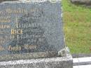 
David Joseph RICE,
husband father,
died 16-9-68 aged 84 years;
Elizabeth Alice RICE,
mother,
died 30-4-80 aged 92 years;
Murwillumbah Catholic Cemetery, New South Wales
