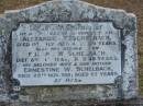 
Alexander T SCHELBACH
1 Jul 1927 45 yrs

son
Edward W SCHELBACH
8 Nov 1948
40 yrs

wife
Ernestine W SCHELBACH
25 Nov 1981
97 yrs

Mutdapilly general cemetery, Boonah Shire
