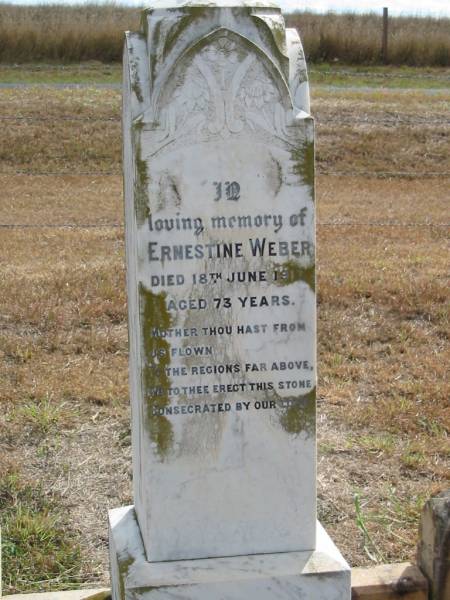 Ernestine WEBER  | 18 Jun 1917  | 73 yrs  |   | Mutdapilly general cemetery, Boonah Shire  | 