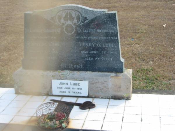 Matilda LUBE  | ?? Jun 1964  | aged  38 yrs?  |   | Henry O LUBE  | 2 Apr 1947  | aged 77  |   | John LUBE  | 10 Jun 1901  | aged 5 ? yrs  |   | Mutdapilly general cemetery, Boonah Shire  | 