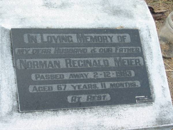 Norman Reginald MEIER  | 2-12-1983  | 67 yrs 11 mths  |   | Mutdapilly general cemetery, Boonah Shire  | 