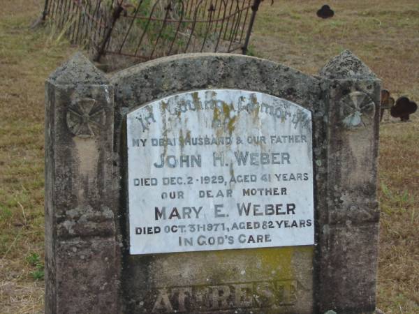 John H WEBER  | Dec 2 1929  | aged 41  |   | Mary E WEBER  | Oct 31 1971  | Aged 82  |   | Mutdapilly general cemetery, Boonah Shire  | 