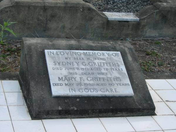 Sydney G GRIFFITHS  | Jun 2 1971  | 72 yrs  |   | wife  | Mary F GRIFFITHS  | May 29 1982  | 80 yrs  |   | Mutdapilly general cemetery, Boonah Shire  | 