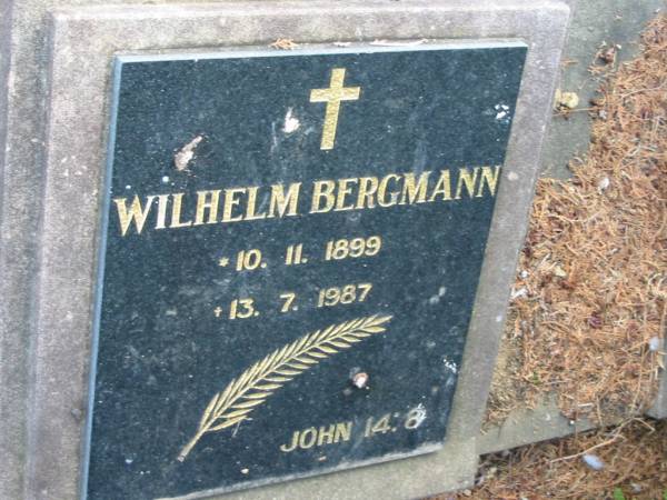 Wilhelm BERGMANN  | b: 10-11-1899  | d: 13-7-1987  |   | Mutdapilly general cemetery, Boonah Shire  | 