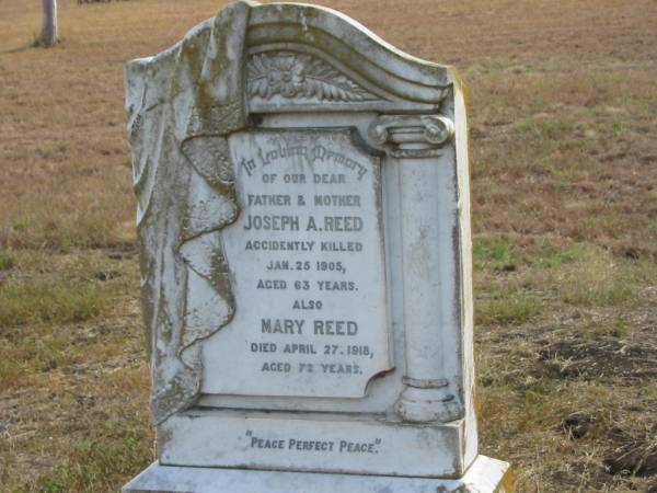 Joseph A REED  | Jan 25 1905  | aged 63  |   | Mary REED  | 27 Apr 1918  | 72 yrs  |   | Mutdapilly general cemetery, Boonah Shire  | 