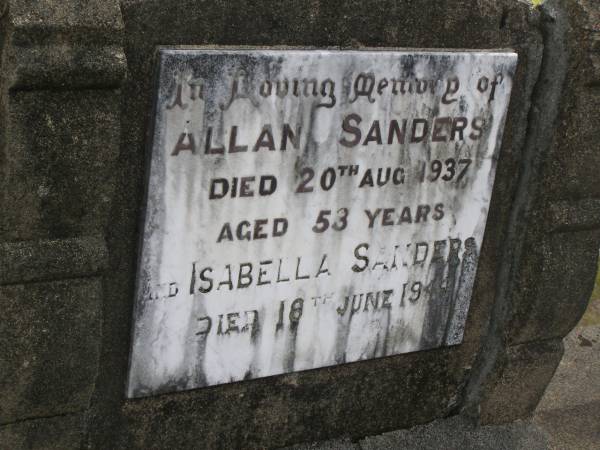 Allan SANDERS,  | died 20 Aug 1937 aged 53 years;  | Isabella SANDERS,  | died 18 June 1944;  | Nikenbah Aalborg Danish Cemetery, Hervey Bay  | 