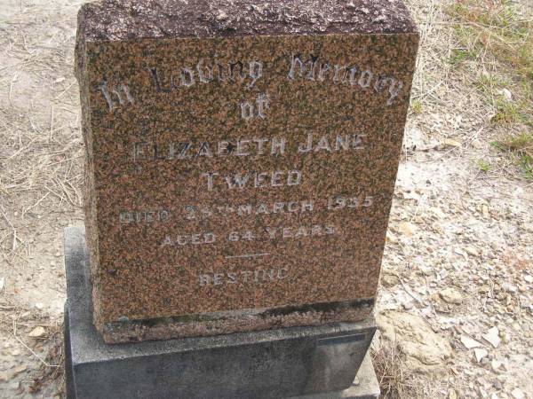 Elizabeth Jane TWEED,  | died 29 March 1935 aged 64 years;  | Nikenbah Aalborg Danish Cemetery, Hervey Bay  | 