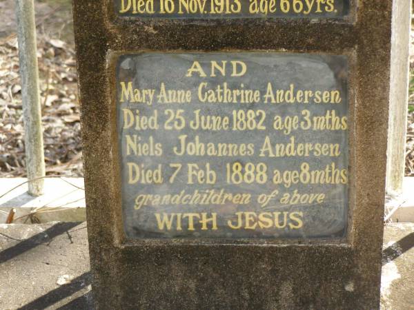 Anders JENSEN,  | died 8 Oct 1879 aged 59 years,  | father;  | Peter ANDERSEN,  | died 16 Nov 1913 aged 66 years,  | son;  | Mary Anne Cathrine ANDERSEN,  | died 25 June 1882 aged 3 months;  | Niels Johannes ANDERSEN,  | died 7 Feb 1888 aged 8 months;  | grandchildren of above;  | Nikenbah Aalborg Danish Cemetery, Hervey Bay  | 