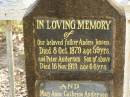 
Anders JENSEN,
died 8 Oct 1879 aged 59 years,
father;
Peter ANDERSEN,
died 16 Nov 1913 aged 66 years,
son;
Mary Anne Cathrine ANDERSEN,
died 25 June 1882 aged 3 months;
Niels Johannes ANDERSEN,
died 7 Feb 1888 aged 8 months;
grandchildren of above;
Nikenbah Aalborg Danish Cemetery, Hervey Bay
