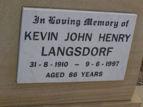 Kevin John Henry LANGSDORF,  | 31-8-1910 - 9-6-1997 aged 86 years;  | Nobby cemetery, Clifton Shire  | 