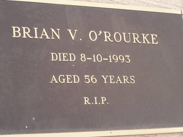 Brian V. O'ROUKE,  | died 8-10-1993 aged 56 years;  | Nobby cemetery, Clifton Shire  | 