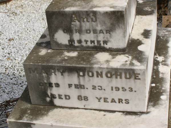 David DONOHUE,  | died 29 Sept 1936 aged 74 years,  | husband father;  | Johanna (Josie) Agnes DONOHUE,  | died 8 Nov 1923 aged 25 years,  | daughter;  | Mary DONOHUE,  | died 23 Feb 1953 aged 88 years,  | mother;  | Nobby cemetery, Clifton Shire  | 