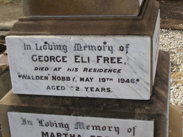 George FREE,  | born Hadstock Essex England 5 May 1839,  | died  Rose Valley  Nobby 19 July 1903,  | erected by wife & family;  | Sarah Jane FREE,  | born Tyrone Ireland,  | died  Rose Valley  Nobby 31 Dec 1923 aged 72 years;  | Benjamin E. FREE;  | Isaac James FREE,  | died  Milton  Nobby Aug 1914 aged 38 years;  | George Eli FREE,  | died  Walden  Nobby 19 May 1946 aged 72 years;  | Martha FREE,  | died  Walden  Nobby 1 Feb 1918 aged 42 years;  | Elsie Adeline FREE,  | 1903 - 1904;  | Nobby cemetery, Clifton Shire  | 