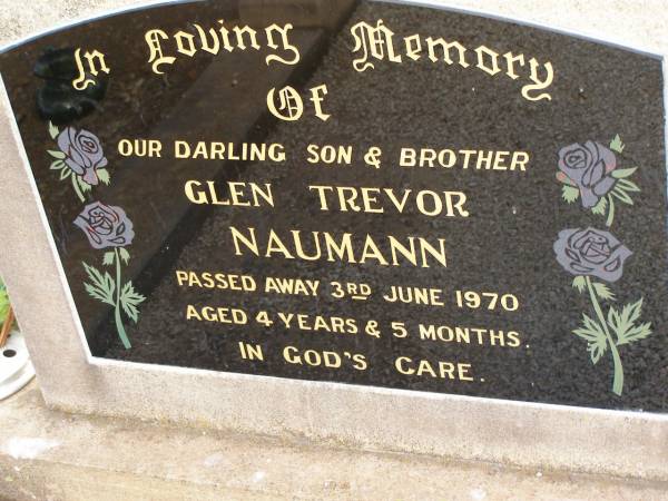 Glen Trevor NAUMANN,  | died 3 June 1970 aged 4 years 5 months,  | son brother;  | Nobby cemetery, Clifton Shire  | 