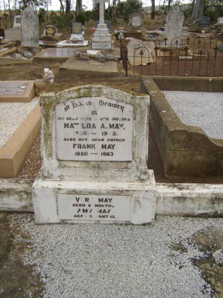 Matilda A. MAY,  | 1890 - 1945,  | wife mother;  | Frank MAY,  | 1880 - 1963,  | father;  | Vera MAY,  | aged 8 months;  | Amy MAY,  | aged 5 months;  | Nobby cemetery, Clifton Shire  | 