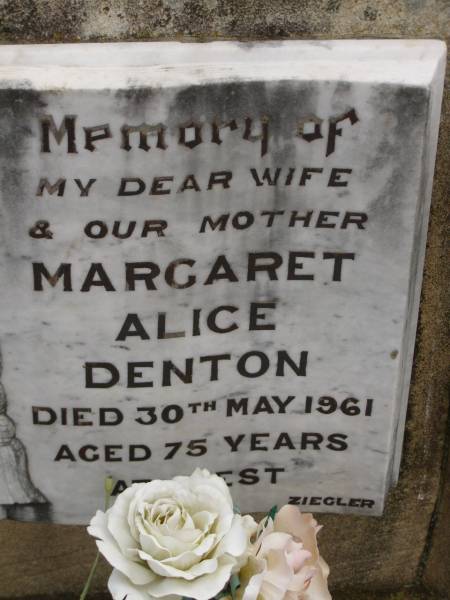 James DENTON,  | died 25 Feb 1970 aged 86 years,  | father;  | Margaret Alice DENTON,  | died 30 May 1961 aged 75 years,  | wife mother;  | Nobby cemetery, Clifton Shire  | 