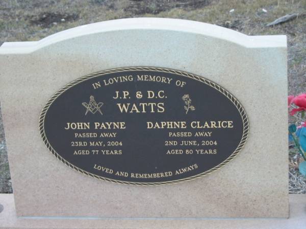 John Payne WATTS,  | died 23 May 2004 aged 77 years;  | Daphne Clarice WATTS,  | died 2 June 2004 aged 80 years;  | Nobby cemetery, Clifton Shire  | 
