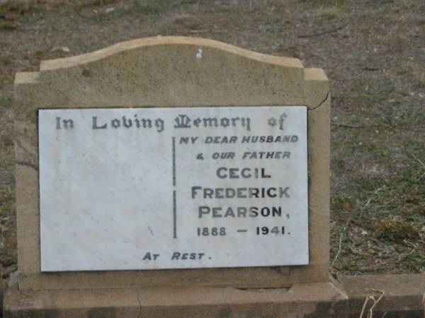 Cecil Frederick PEARSON,  | 1888 - 1941,  | husband father;  | Nobby cemetery, Clifton Shire  | 