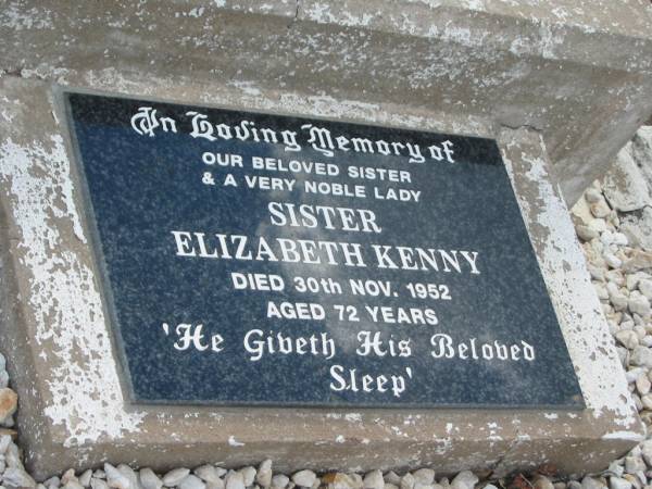 (Sister) Elizabeth Kenny,  | died 30 Nov 1952 aged 72 years,  | sister,  | <a href= http://en.wikipedia.org/wiki/Elizabeth_Kenny >famous for her treatment of polio</a>;  | Nobby cemetery, Clifton Shire  | 