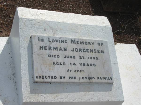 Herman JORGENSEN,  | died 27 June 1930 aged 54 years;  | Nobby cemetery, Clifton Shire  | 