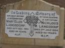 Mary Ellen LANGSDORF, died 20 Dec 1994 aged 89 years, mother grandmother; Nichlous M. LANGSDORF, died 5 July 1938 aged 40 years, husband father; Nobby cemetery, Clifton Shire 