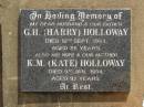 
G.H. (Harry) HOLLOWAY,
died 12 Sept 1964 aged 86 years,
husband father;
K,M. (Kate) HOLLOWAY,
died 9 Jan 1994 aged 92 years,
wife mother;
Nobby cemetery, Clifton Shire
