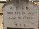 
A.B. KING,
died 20 Oct 1905 aged 46 years;
Rooper KING,
born 25-7-1892,
died 14-1-1954,
son;
Enid Sybil KING (CASKEY),
born 2-12-1900,
died 19-7-1967;
parents of Alton & John;
Nobby cemetery, Clifton Shire
