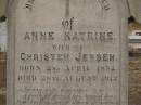 
Anne Katrine,
wife of Christen JENSEN,
born 2 April 1852,
died 26 Aug 1912;
Christen JENSEN,
died 9 March 1929 aged 69 years 9 months;
Nobby cemetery, Clifton Shire
