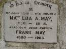 Matilda A. MAY, 1890 - 1945, wife mother; Frank MAY, 1880 - 1963, father; Vera MAY, aged 8 months; Amy MAY, aged 5 months; Nobby cemetery, Clifton Shire 