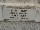 Matilda A. MAY, 1890 - 1945, wife mother; Frank MAY, 1880 - 1963, father; Vera MAY, aged 8 months; Amy MAY, aged 5 months; Nobby cemetery, Clifton Shire 