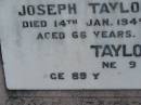 
Joseph TAYLOR,
died 14 Jan 1945 aged 66 years;
?? TAYLOR,
?? June ?? aged 89 years;
Nobby cemetery, Clifton Shire

