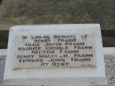 Henry FRAHM; Olga Joyce FRAHM; Maurice George FRAHM; Hector FRAHM; Henry Malcolm FRAHM; Edward John FRAMH; Emilie Martha Wilhemine FRAHM, 9-1-1887 - 1-9-1972 aged 85 years, mother; Nobby cemetery, Clifton Shire 