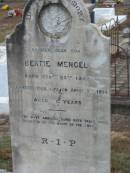 
Bertie MENGEL,
born 25 Feb 1903,
died 9 April 1914 aged 11 years,
son;
Mary MENGEL,
died 2 July 1920 aged 63 years;
Heinrich MENGEL,
died 22 May 1946 aged 81 years;
Nobby cemetery, Clifton Shire

