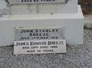 John Stanley BREEZE, son of James & Francis BREEZE, died 16 March 1915 aged 15 months; James BREEZE, died 20 Nov 1953 aged 76 years, husband father; Fanny F. BREEZE, died 23 July 1961 aged 80 years, mother; John Stanley BREEZE, died 17 Mar 1915; James Edward BREEZE, died 22 April 1980 aged 74 years; Florence Lily TREGONING, 10-8-1919 - 20-11-1998, wife of Cliff, mother of Dellray, Heather, Leonie, Owen & June, grandma great-grandma, with mother Fanny; Nobby cemetery, Clifton Shire 