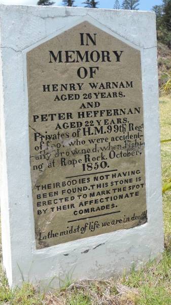 Henry WARNAM  | d: 1850, aged 26  |   | Peter HEFFERNAN  | d: 1850, aged 22  |   | Drowned at Rope Rock  |   | Norfolk Island - Headstone Point  |   | 