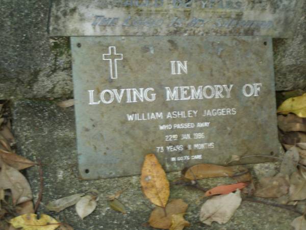 William Ashley JAGGERS,  | died 22 Jan 1986 aged 73 years 11 months;  | North Tumbulgum cemetery, New South Wales  | 