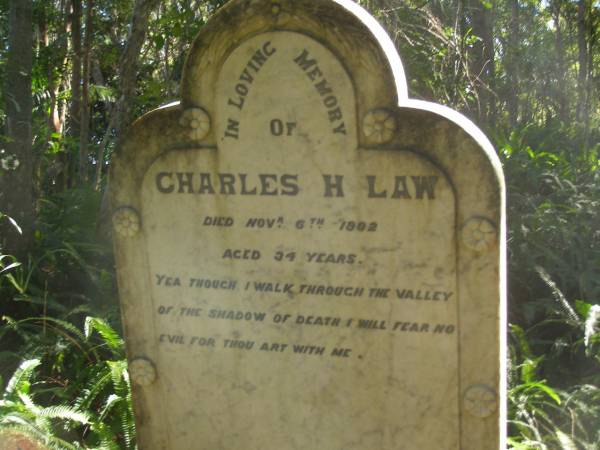 Charles H. LAW,  | died 6 Nov 1902 aged 34 years;  | North Tumbulgum cemetery, New South Wales  | 