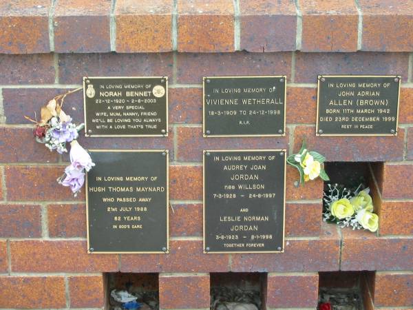 Nundah / German Station Cemetery:  | Norah Bennet, Vivienne Wetherall, John Adrian Allen (Brown), Hugh Thomas Maynard, Audrey Joan Jordan (nee Willson)  | 