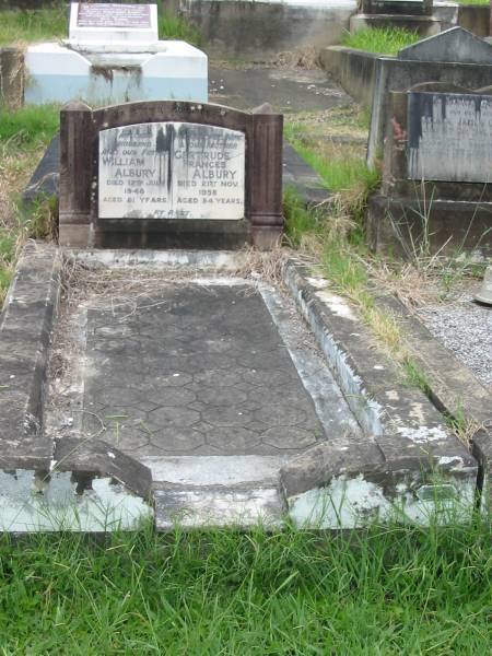 William ALBURY  | 12 Jul 1948  | aged 81  |   | Gertrude Frances ALBURY  | 21 Nov 1958  | aged 84  |   | Nundah / German Station Cemetery: (Albury/Bridges relatives)  |   | 