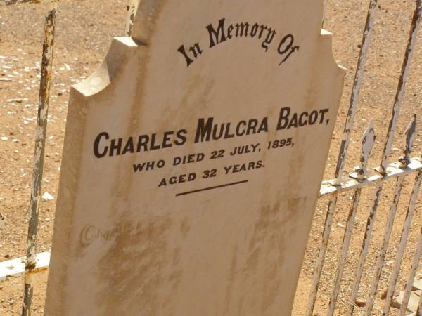 Charles Mulcra BAGOT  | (d: 22Jul 1895, aged 32),  | Pioneer Cemetery,  | Oodnadatta,  | South Australia  | 