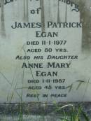 
James Patrick EGAN,
died 11-1-1977 aged 80 years;
Anne Mary EDGAN, daughter,
died 1-11-1987 aged 45 years;
St James Catholic Cemetery, Palen Creek, Beaudesert Shire
