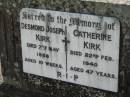
Desmond Joseph KIRK,
died 7 May 1946 aged 10 weeks;
Catherine KIRK,
died 22 Feb 1940 aged 47 years;
St James Catholic Cemetery, Palen Creek, Beaudesert Shire
